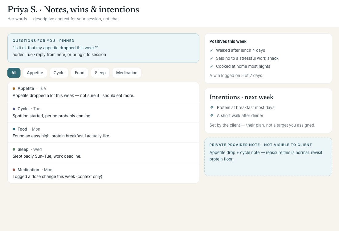 Notes, wins and intentions in the client's own words, plus a private provider note.