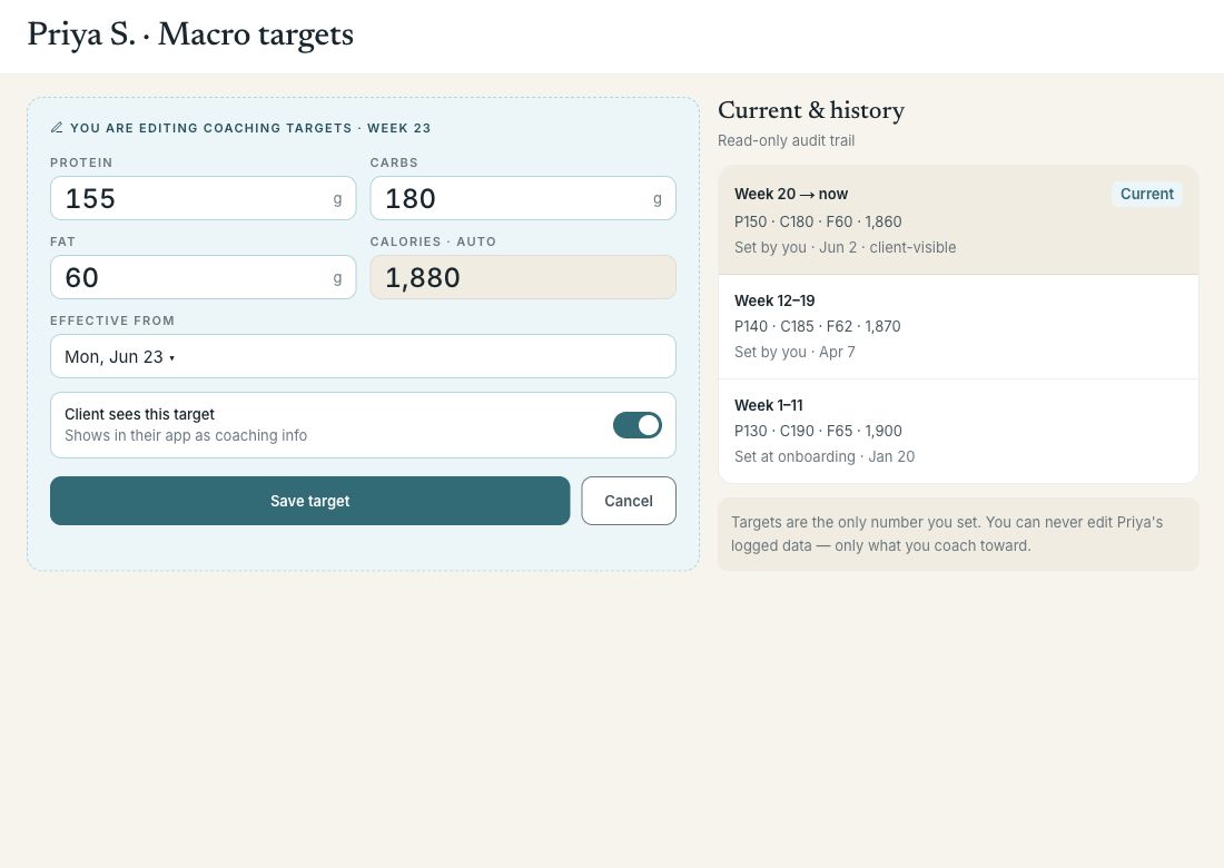 Macro targets editor with a read-only audit trail of past targets.