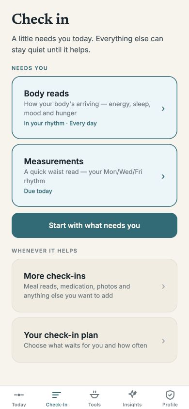 The guided check-in hub — a little needs the client, the rest is optional.