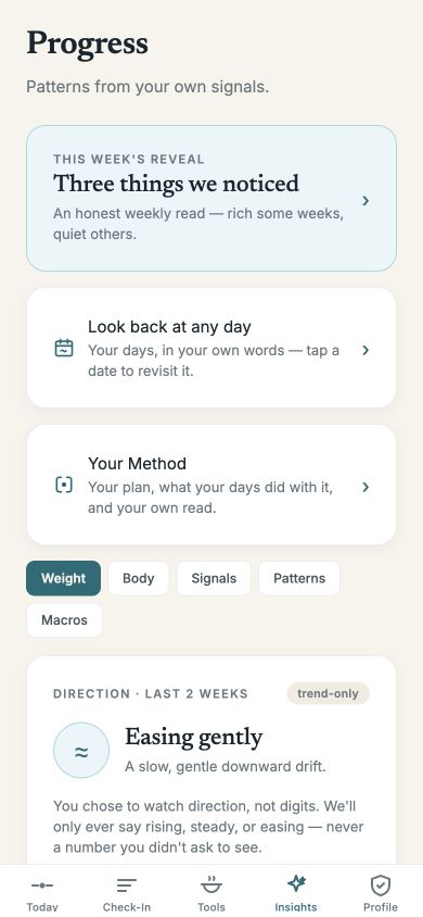 Insights showing weight as a direction — rising, steady or easing — with a trend-only toggle.