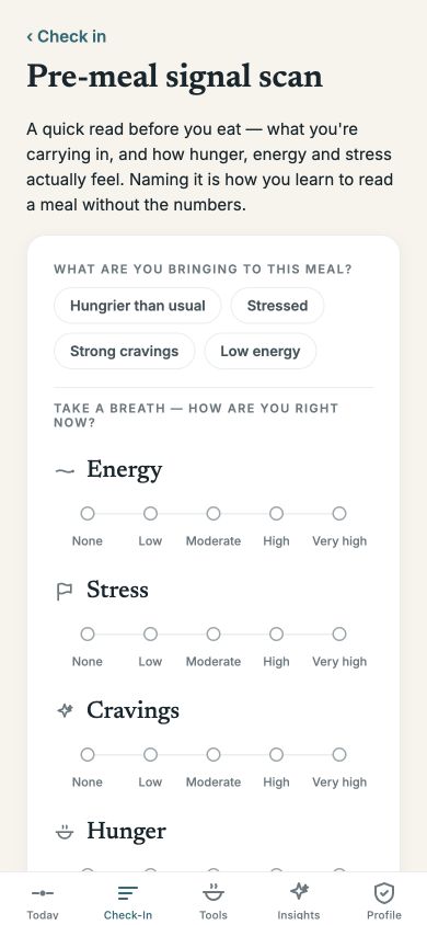 Meal scan — a read before a meal, a debrief after; each stands alone.