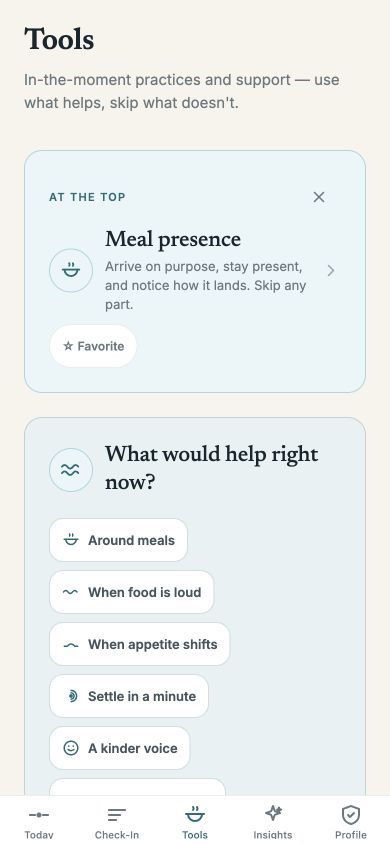 The Tools library, grouped by moment — around meals, when food is loud, settle in a minute.